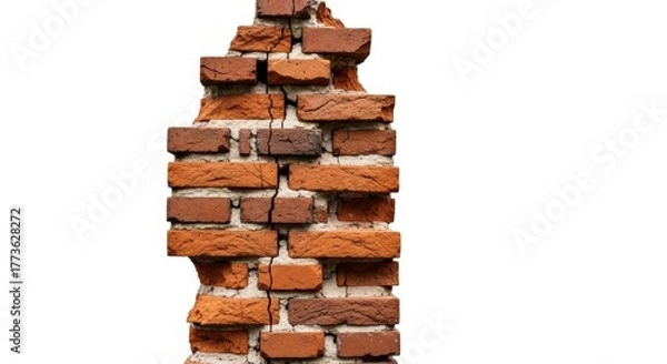 Obraz A fragile, broken pillar of a red brick wall with a large vertical crack running down the middle, isolated on a pure white background. Symbolizes damage and weakness.