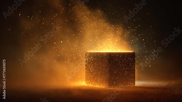Fototapeta Futuristic golden box surrounded by mist mysterious light