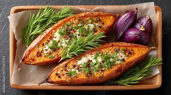 Fototapeta Top Down View Of Two Halved Roasted Sweet Potatoes Garnished With Fresh Rosemary Sprigs And Crumbled Feta Cheese Served With Red Onions On A Wooden Platter With Parchment Paper