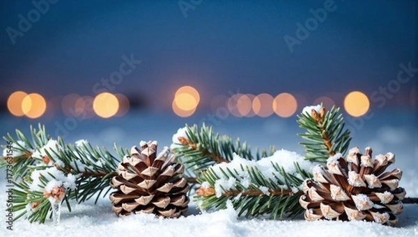 Fototapeta Winter Pine Cones At Dusk With Bokeh