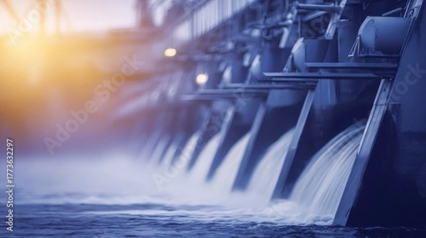 Fototapeta Hydroelectric power plant releases water from dam in low light creating a long exposure effect. Renewable energy concept.