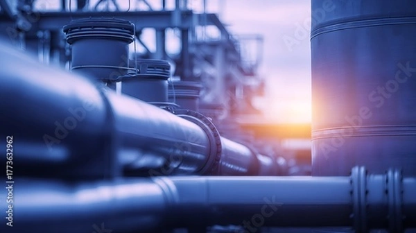 Fototapeta Industrial complex pipelines and storage tanks are processing various resources. Detailed industrial infrastructure for the energy industry.