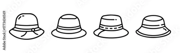 Fototapeta Four different styles of bucket hats lined up showing brim and crown details