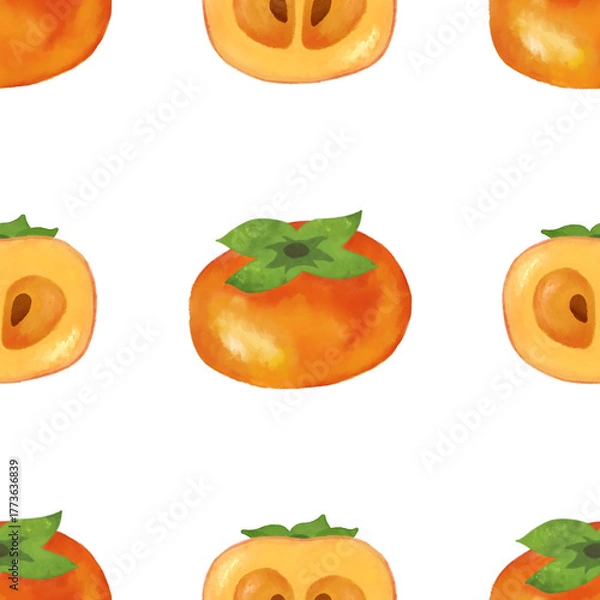 Fototapeta Persimmon seamless pattern. Flesh fruits pattern illustration for wrapping paper, textile prints, banners, backgrounds.