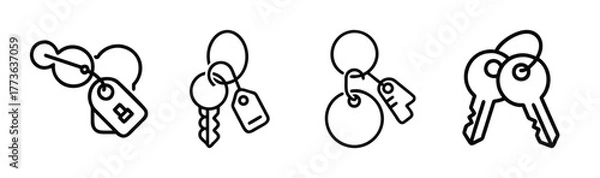 Fototapeta Collection of hand drawn keychains with keys and tags simple icons for security and access
