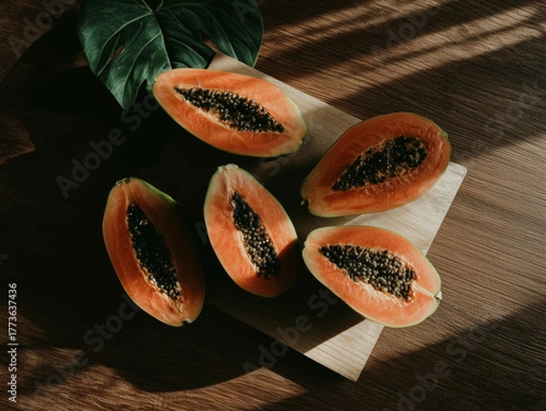 Fototapeta Sliced Fresh Papaya on Wooden Plate - Tropical Fruit Still Life with Warm Sunlight and Rustic Setup 