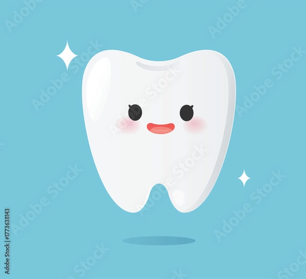 Fototapeta Clean teeth. Cute tooth character smiling with sparkle, symbolizing good dental health and hygiene. Strong teeth. Vector illustration