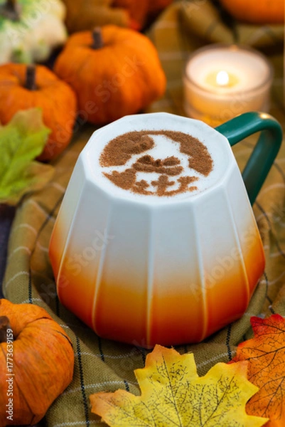 Fototapeta A cup of coffee latte topped with Halloween ghost face draw with cacao powder as latte art with autumn leaves and assorted Jack-Be-Little squash, fall ambiance and candle light.