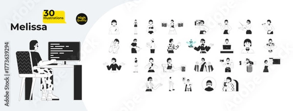 Obraz Korean female character with professional, social activities outline illustrations mega bundle. 90s, technology using, hobbies 2D linear images isolated. Collection black and white vector drawings
