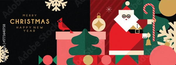 Fototapeta Christmas banner in contemporary flat minimalist geometric style with Santa and gift boxes. Design for Holiday banners, greeting cards or advent calendar. Vector illustration 