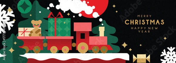 Fototapeta Christmas banner in contemporary flat minimalist style with toy train and gifts. Design for Holiday greeting card. Vector illustration
