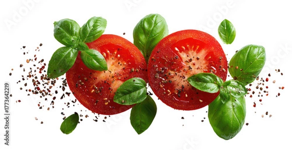 Fototapeta Ripe tomatoes, fresh basil, and spices on black