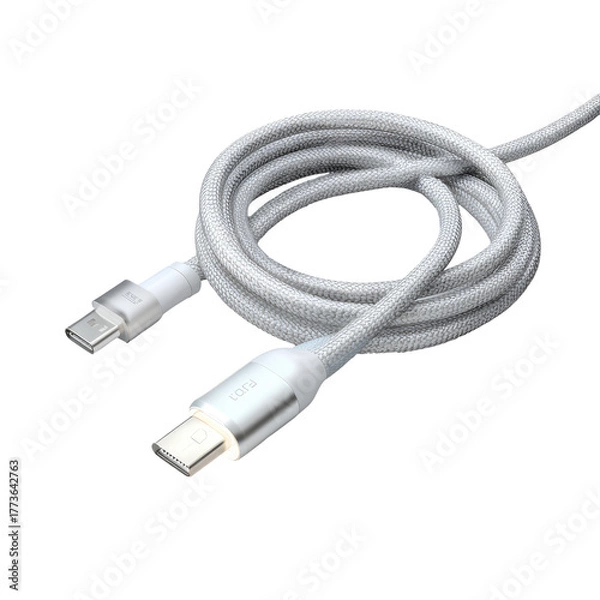Obraz Braided white USB-C to USB-A charging cable coiled on black