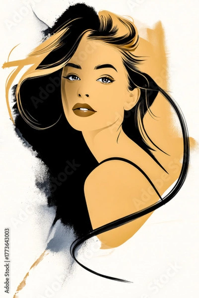 Obraz Abstract illustration of a female face in mixed media focusing on bold lines and a limited color palette.