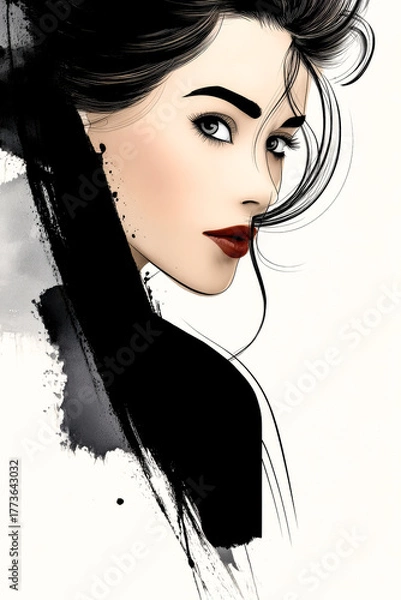 Obraz A minimalist graphic portrait of a woman's face with bold black hair and striking red lips on a white background.