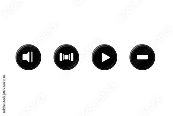 Fototapeta Four black circular buttons with icons on a dark background