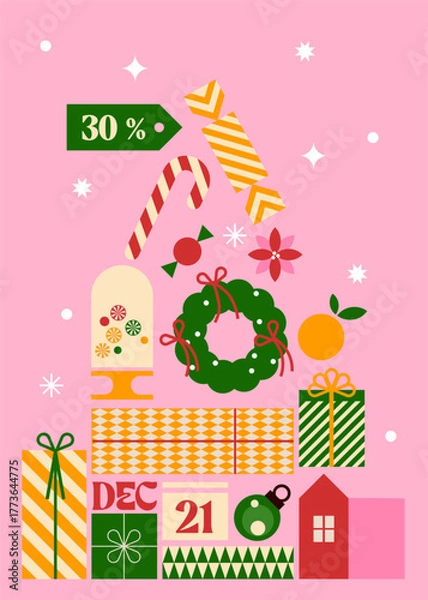 Fototapeta Happy Holidays Vertical Illustration. Geometric Naive Christmas Design with Gifts, Sweets, Wealth Symbols, and Cozy House. Bold Minimal Festive Art for Sale Marketing, Posters, and Social Media.