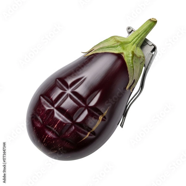 Fototapeta Eggplant with carved pattern and knife isolated on a transparent background