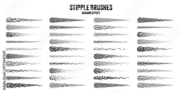 Fototapeta Ink scatter brush, stipple drawing and texturing. Fading gradient. Stippling, dotwork drawing, shading using dots. Halftone disintegration effect. White noise grainy texture. Vector illustration