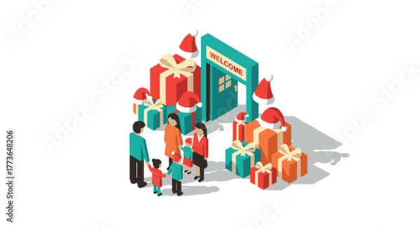 Obraz Festive holiday shopping scene with family and christmas gifts in isometric style