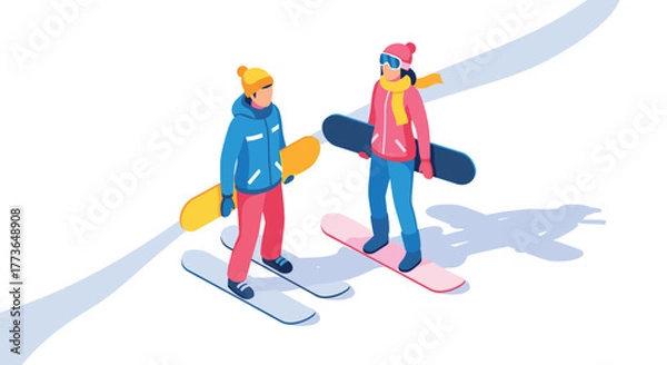 Obraz Snowboarders chatting on a winter day in isometric 3d style