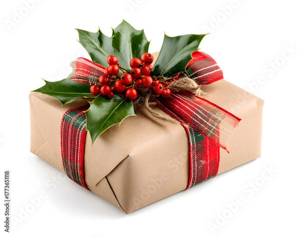 Obraz Christmas gift box wrapped in paper with red tartan ribbon and holly berries, isolated on white background.