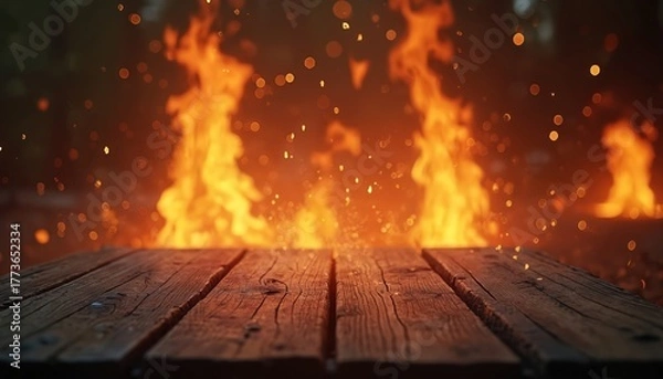 Obraz Empty wooden table stands ready against fiery backdrop. Flames dance creating intense heat. Rustic wood provides contrast with bright orange, red tones. Ideal for culinary presentations, advertising