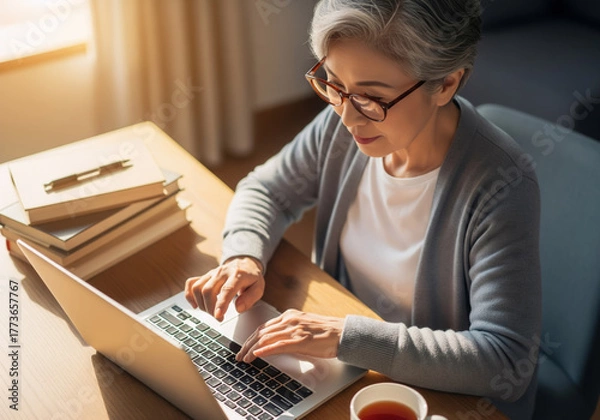 Obraz 眼鏡をかけたシニア女性が、日当たりの良いテーブルでノートパソコンを快適に使用している様子。生涯学習。アジア人、日本人