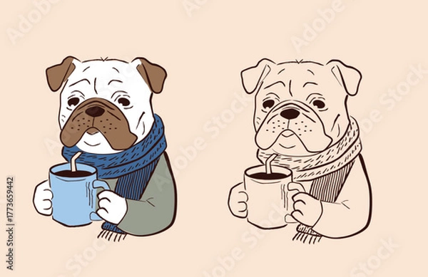 Fototapeta 
A sketch of a bulldog wearing a scarf and holding a coffee mug is perfect for a logo or branding. This sweet, playful animal illustration is perfect for cozy, friendly, and approachable designs.