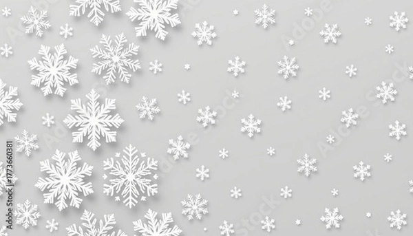 Fototapeta The image is of a silver background covered with snowflakes that gradually become denser towards the bottom right corner, creating a sense of depth and movement within a winter themed abstract design.