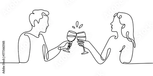 Fototapeta a man and woman clinking wine glasses, symbolizing celebration, romance, date night, or friendship.