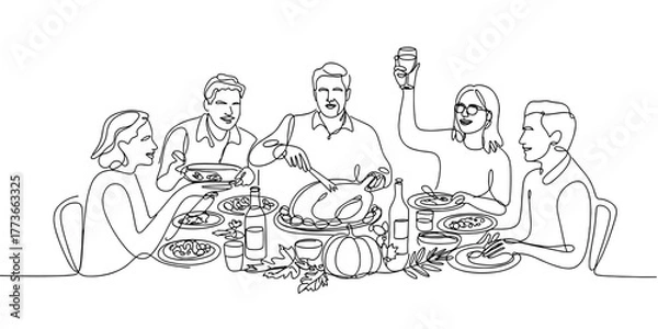 Obraz Continuous line art of friends enjoying a festive meal together, representing celebration, thanksgiving, friendship, food, and togetherness at the dinner table.