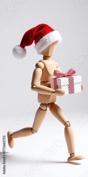 Fototapeta A wooden figure wearing a red Santa hat runs while carrying a wrapped gift, capturing the festive spirit of Christmas in motion.