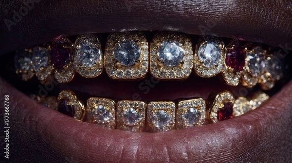 Fototapeta Stunning gold and diamond grillz shine brightly in close-up view, showcasing exquisite craftsmanship and bold luxury in a unique fashion statement