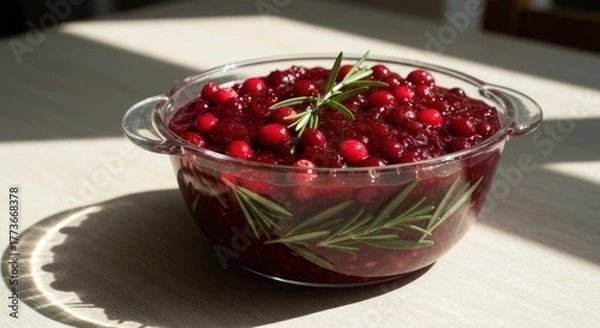 Fototapeta Glass bowl of cranberry sauce, rosemary garnish, on table in bright light