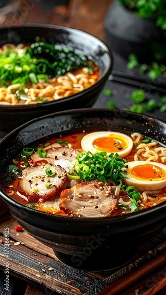 Fototapeta Two bowls of ramen with pork, egg, and noodles