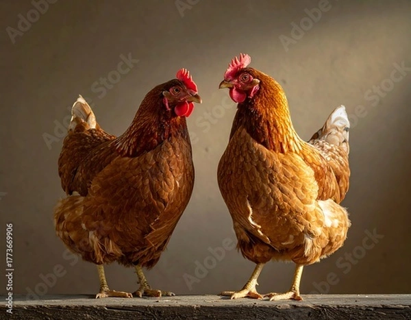 Fototapeta Two brown hens facing each other