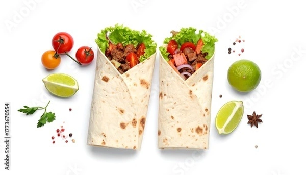 Fototapeta Two burritos with fillings, surrounded by fresh ingredients