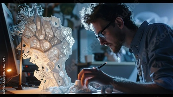Fototapeta Young artist meticulously refining a complex 3d model, using hand tools to perfect its intricate design