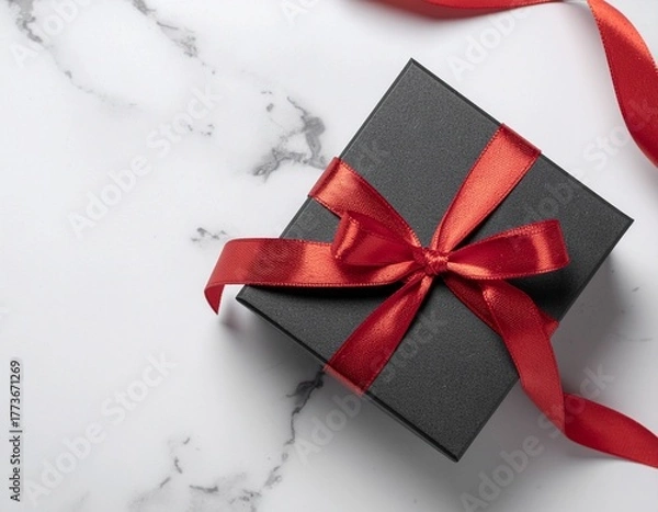 Fototapeta Luxurious matte black gift box with a rich, glossy red silk ribbon and bow, presented on an elegant white and gray marble surface; premium holiday or anniversary gifting concept