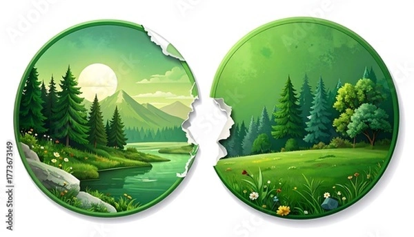 Fototapeta Two circular, ripped-open scenes of serene, green landscapes