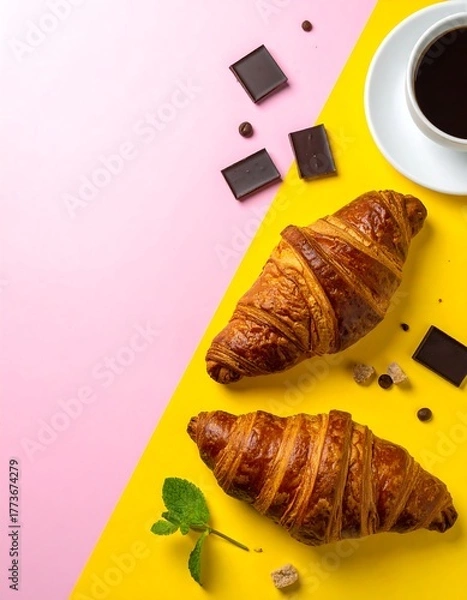 Fototapeta Two croissants, coffee, and chocolate on a pink and yellow background