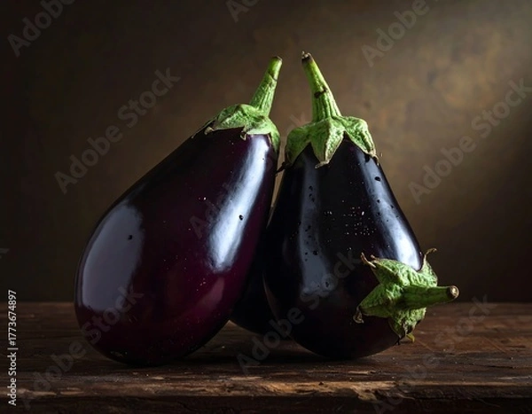 Fototapeta Two dark purple eggplants on rustic wooden surface