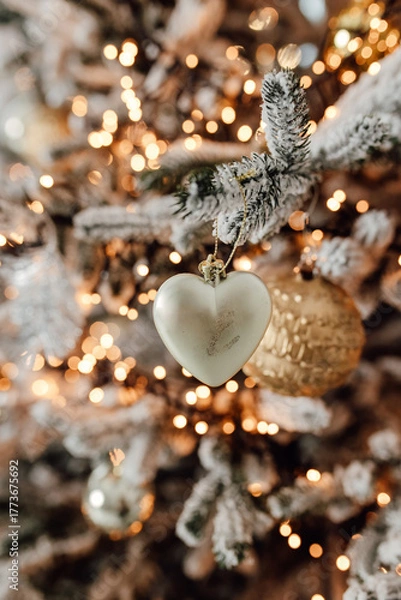 Fototapeta Golden heart and Christmas lights on the snowing tree. Macro and bokeh photo