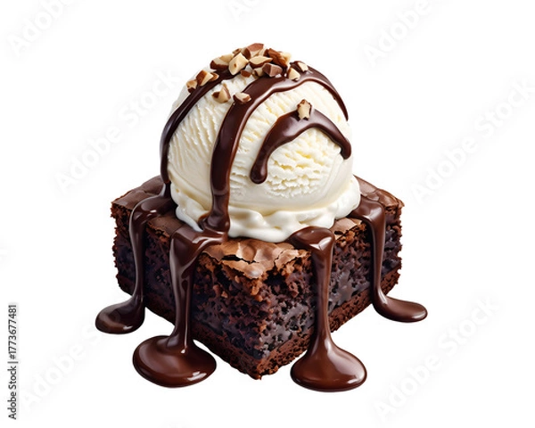 Fototapeta Chocolate Brownie Sundae with Ice Cream Scoop, Dessert Illustration, Isolated on Transparent Background PNG