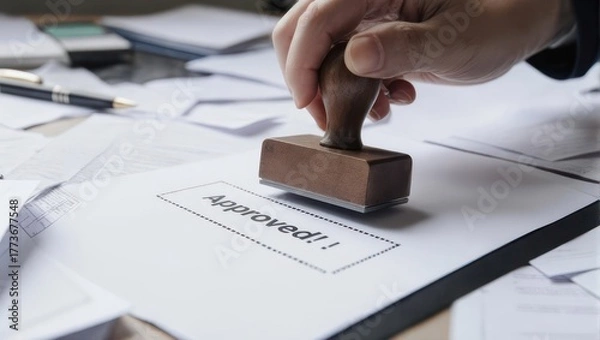 Obraz Hand stamping Approved on document, symbolizing validation and authorization.