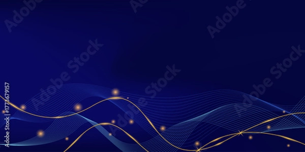 Fototapeta Dark blue luxury background with flowing blue and gold shining lines waves.