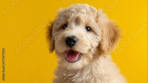 Obraz Happy puppy with fluffy fur posing against a bright yellow background