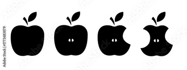 Obraz Apple vector icon set. Half an apple symbol. Bitten apple graphic illustration. Fruit with bite mark. Black silhouette isolated on white background.