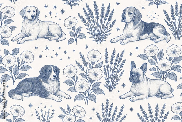 Obraz vintage blue floral pattern with dog illustrations classic detailed hand drawn design combining flowers stars and animals on white background